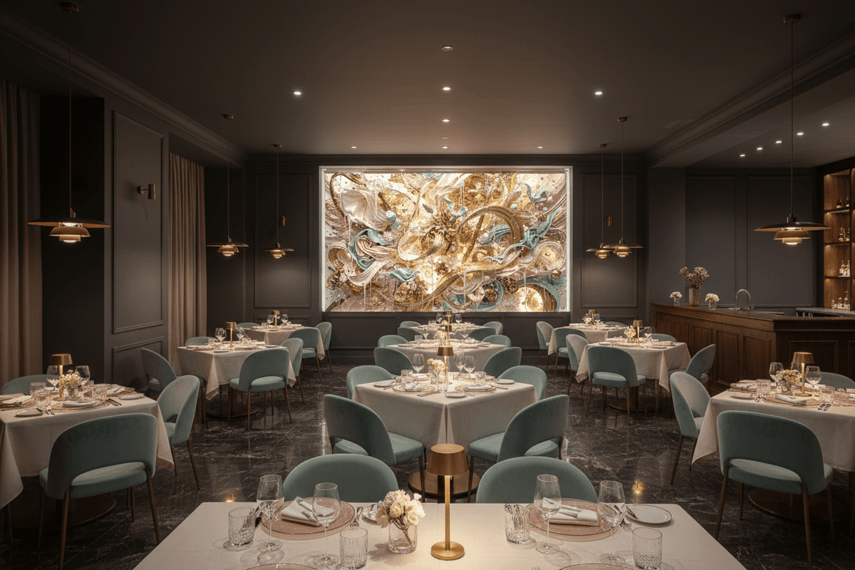 Gilded Reverie gold, blush and teal monumental artwork installed across the feature wall of an elegant dark restaurant dining room