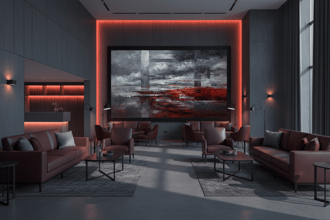 Red Horizon monumental abstract artwork installed in a luxury hotel lobby