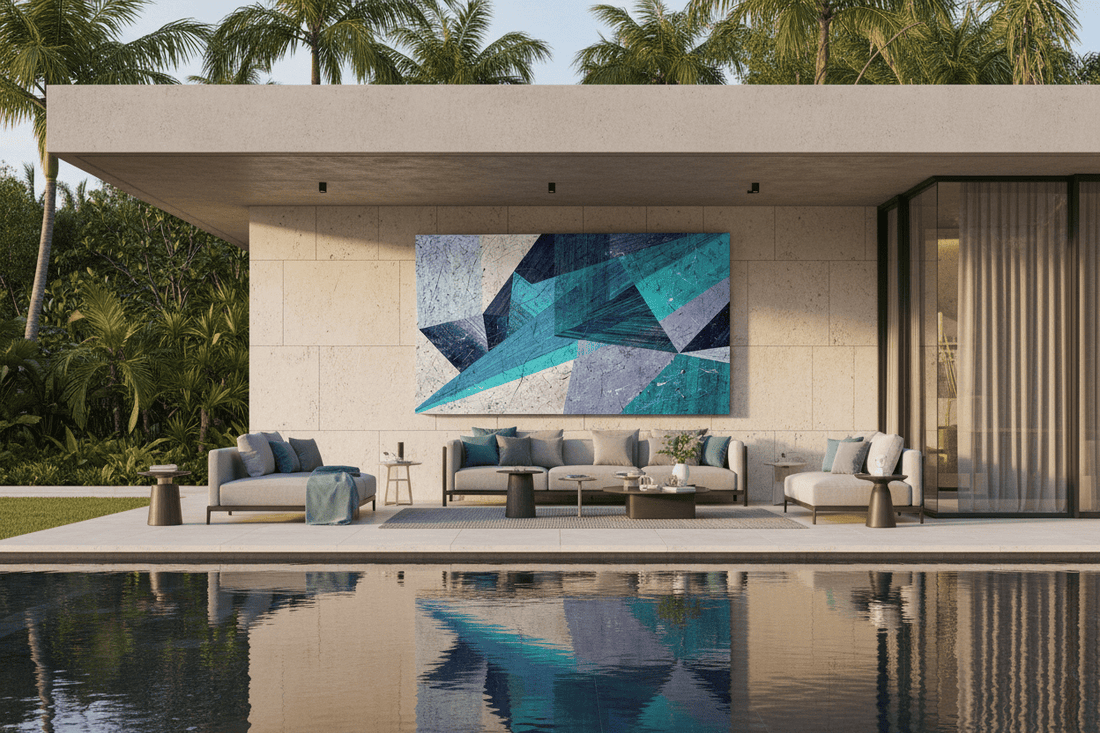 Shard Storm oversized 16:9 monumental digital art installed as a statement piece in a luxury pool lounge