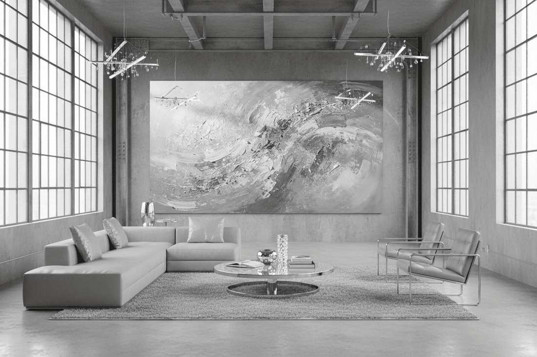 Silver Storm monumental abstract artwork installed across a wide wall in a modern industrial loft