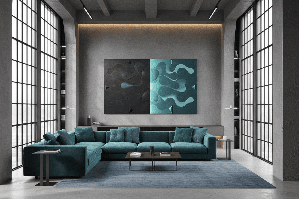 Void & Tide wide biomorphic artwork in a modern loft above a long teal seating axis