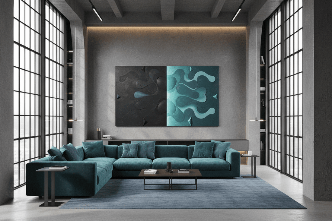 Void & Tide wide biomorphic artwork in a modern loft above a long teal seating axis