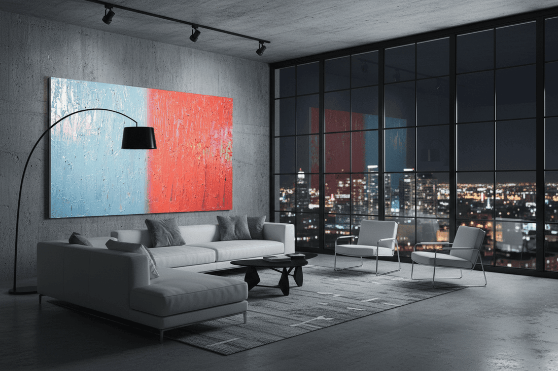 Frost & Coral large-scale wall art installed in a modern high-ceiling loft living room