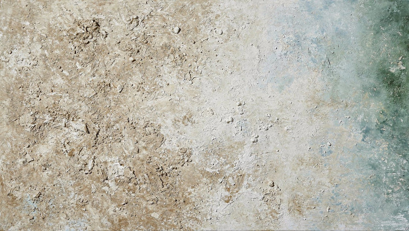 Chalk Current abstract artwork with textured cream and weathered stone fields transitioning into muted teal-blue at the right