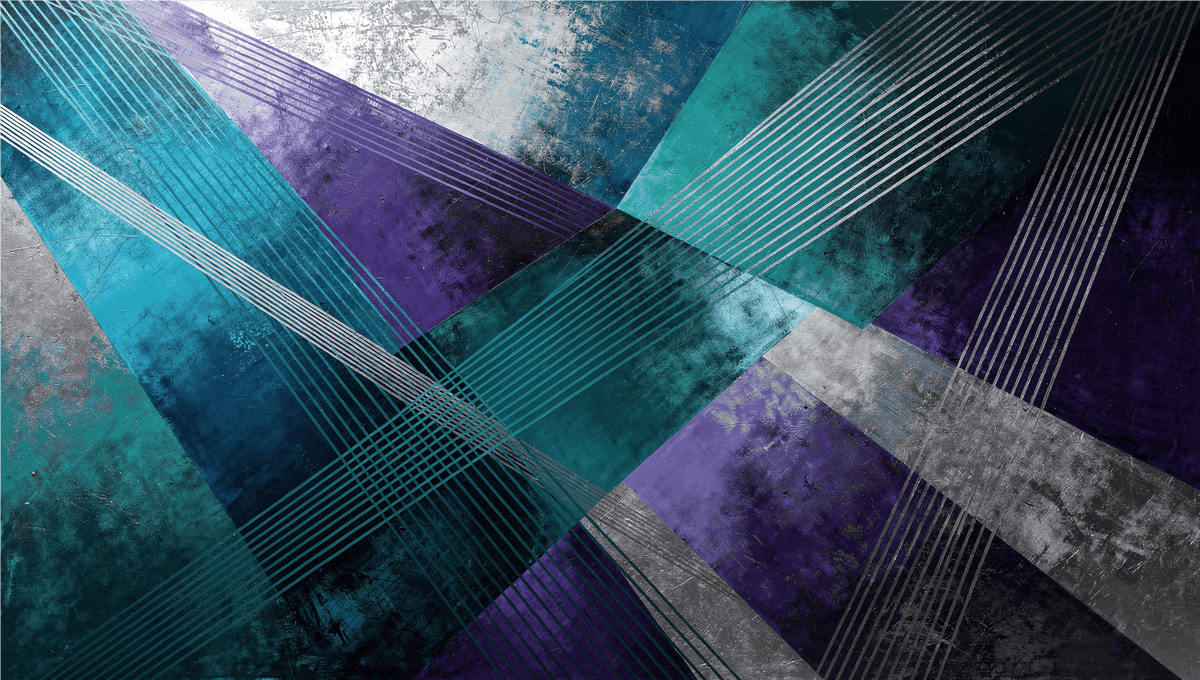 Frequency Drift abstract geometric artwork with teal, violet, silver and black crossing planes