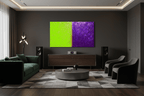 Acid Divide lime and indigo abstract artwork in a high-end HiFi listening room