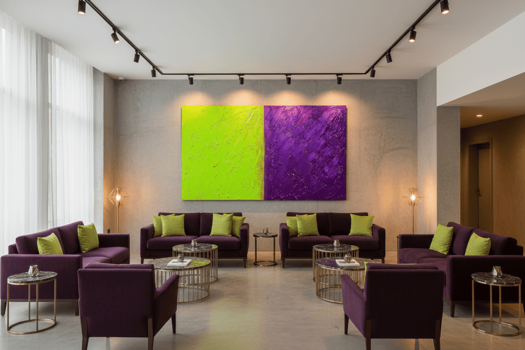 Acid Divide lime and indigo statement artwork in a luxury hotel lobby