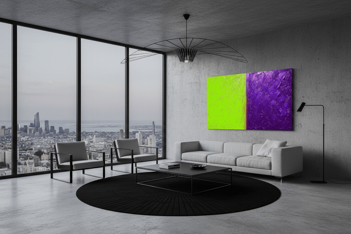 Acid Divide lime and indigo industrial patina artwork in a modern industrial loft