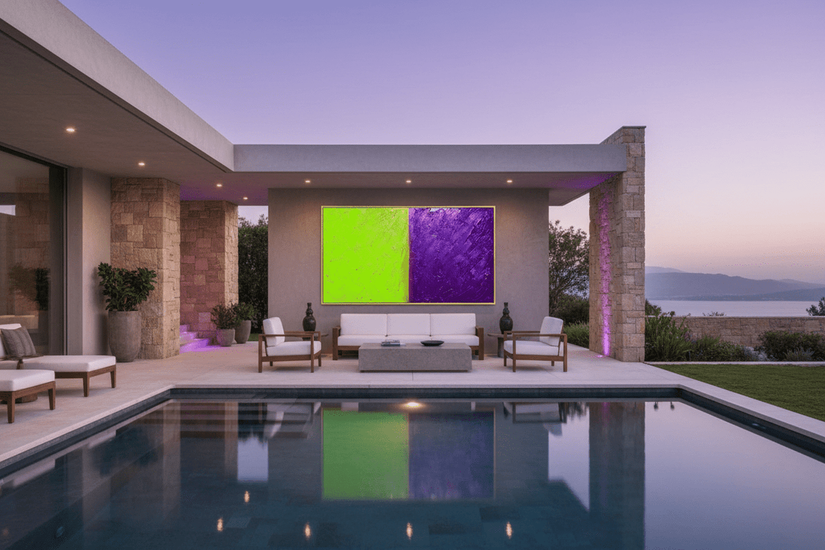 Acid Divide lime and indigo artwork in a pool lounge and outdoor living space