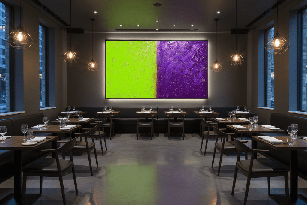 Acid Divide lime and indigo abstract artwork in an upscale restaurant interior