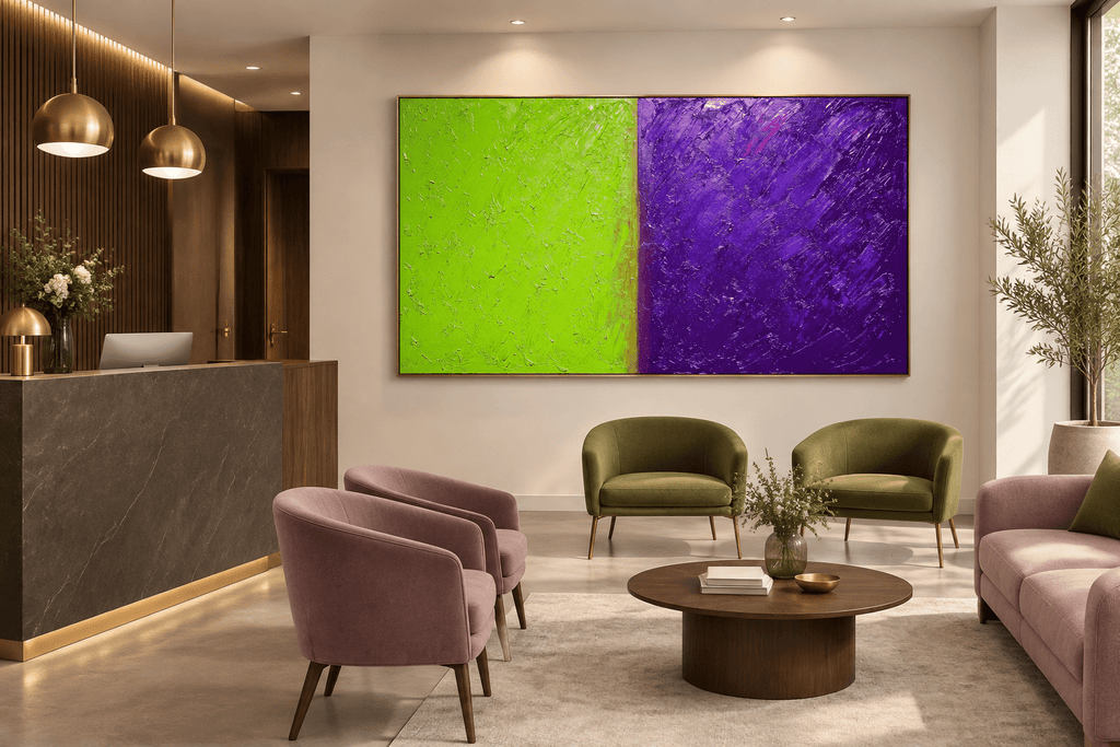 Acid Divide – Limited Edition Abstract Art lime and lilac in a modern clinic with reception and waiting area