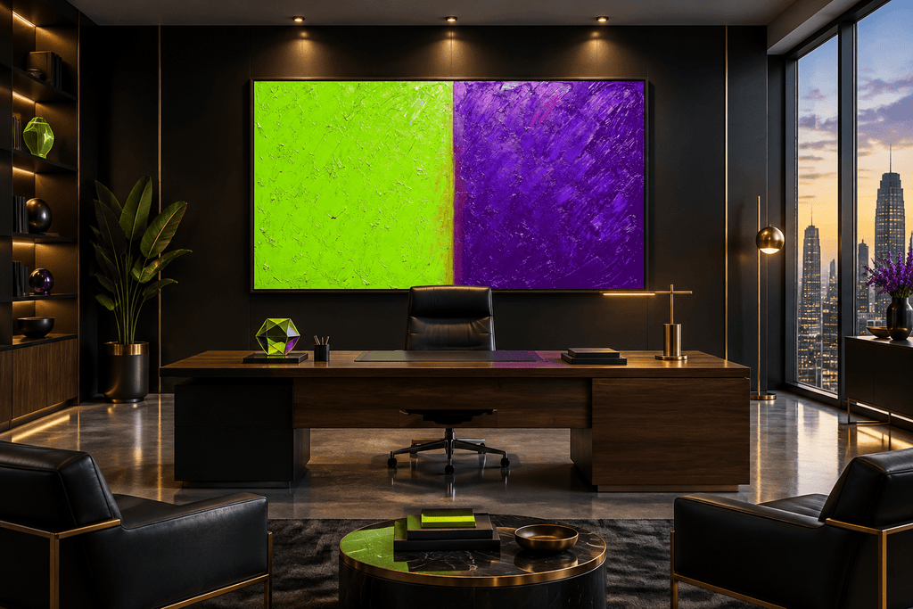 Acid Divide – Limited Edition Abstract Art lime and lilac in a modern executive office