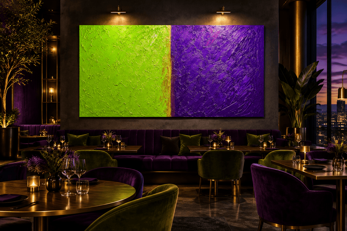 Acid Divide – Limited Edition Abstract wall Art lime and lilac in a modern restaurant