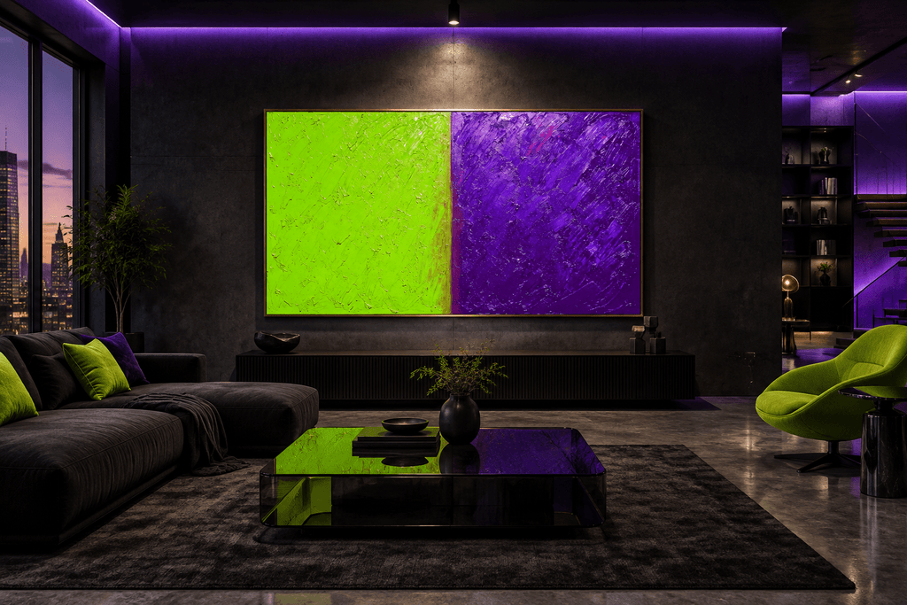 Acid Divide – Limited Edition Abstract Art lime and lilac in a modern designer loft