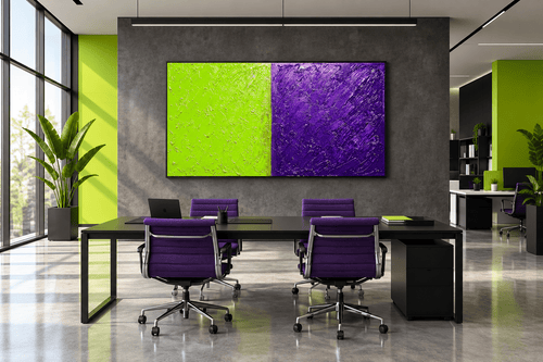 Acid Divide – Limited Edition Abstract Art lime and lilac in a modern open-plan office