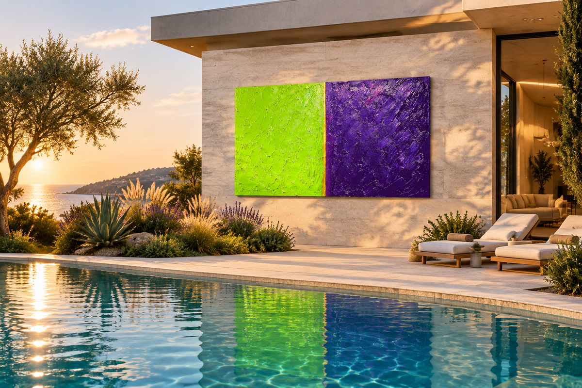 Acid Divide – Limited Edition Abstract Art lime and lilac in an outside pool area