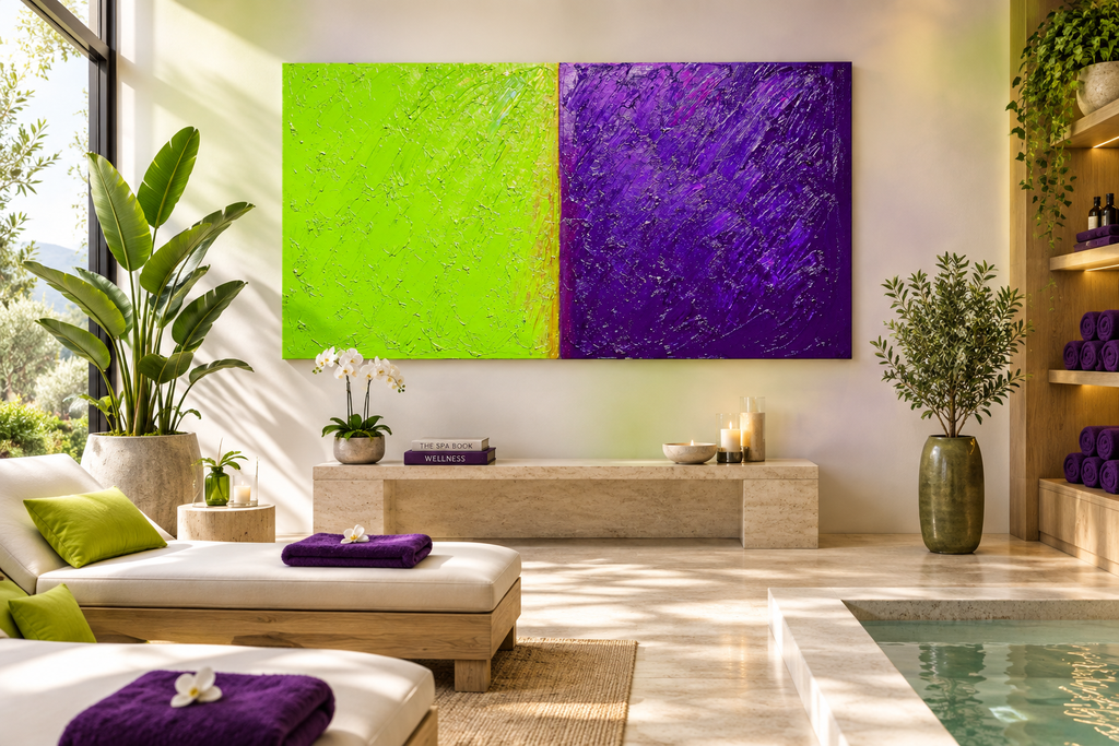 Acid Divide – Limited Edition Abstract Art lime and lilac in a wellness spa
