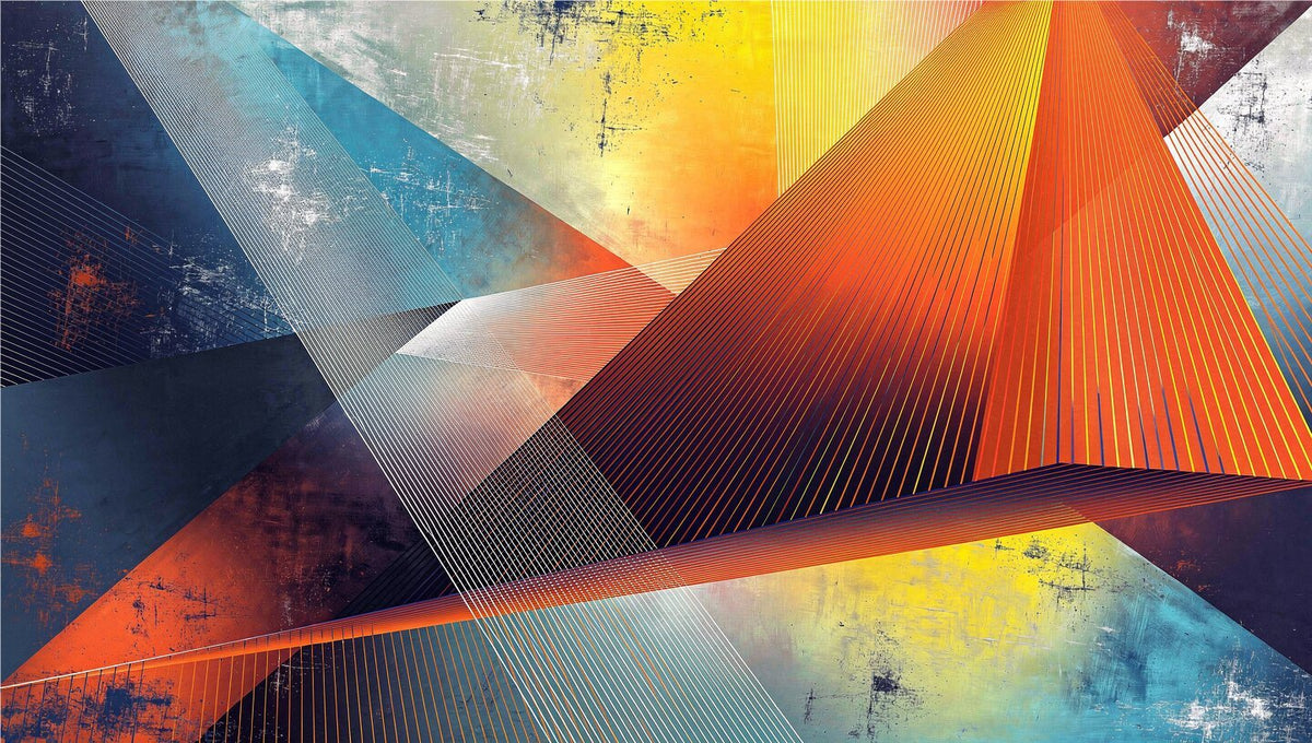 Apex Strike abstract geometric artwork with burnt orange, teal, solar yellow and navy triangular planes