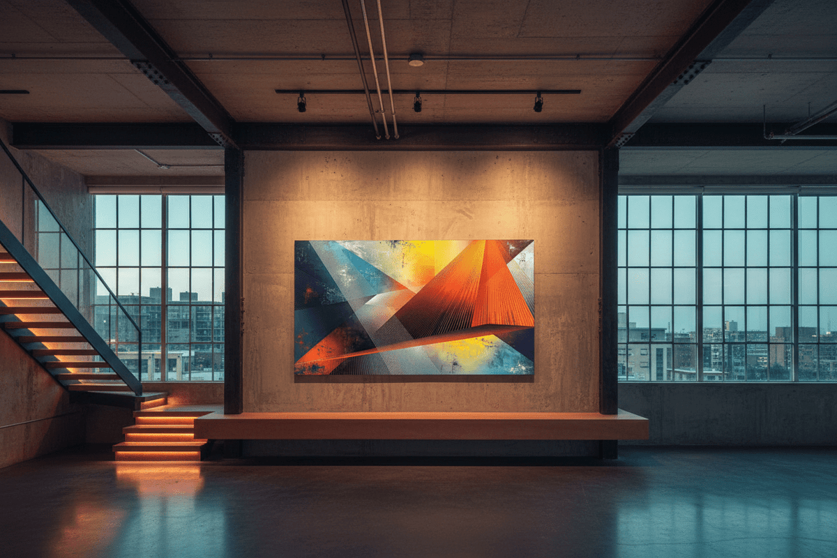 Apex Strike geometric artwork with burnt orange and teal line fields in a modern industrial loft
