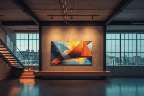 Apex Strike geometric artwork with burnt orange and teal line fields in a modern industrial loft