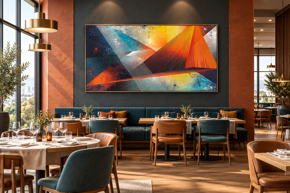 Apex Strike abstract geometric artwork with burnt orange, teal, solar yellow and navy triangular planes in a restaurant