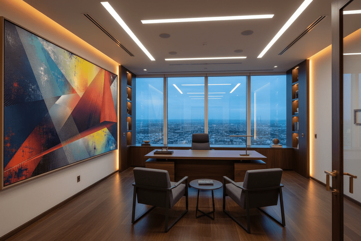 Apex Strike geometric artwork with radiating line fields in a modern executive office