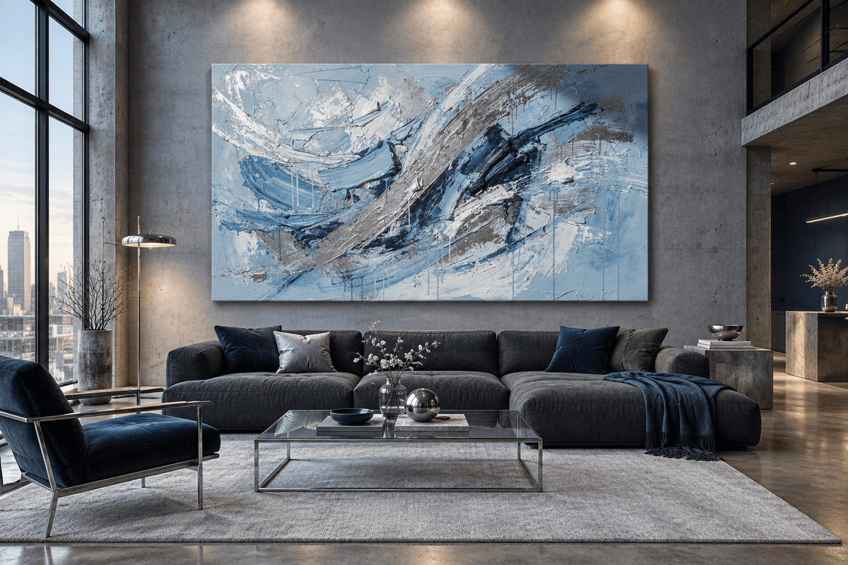 Arctic Force textural abstraction with arctic blue, navy and brushed-silver diagonal ridges in a modern industrial loft