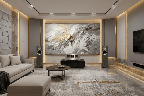 Ashen Surge platinum and ash artwork in a HiFi living room
