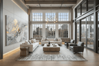 Ashen Surge pale grey textural abstraction in a light-filled living room