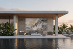 Ashen Surge silver and ash textural artwork beside an outdoor pool lounge