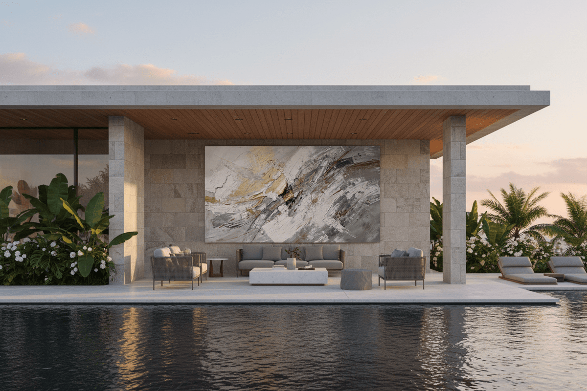 Ashen Surge silver and ash textural artwork beside an outdoor pool lounge