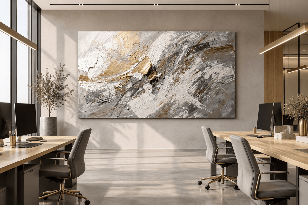 Ashen Surge textural abstraction with platinum, ash grey, pearl white and subdued gold in modern open-plan office