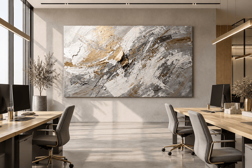Ashen Surge textural abstraction with platinum, ash grey, pearl white and subdued gold in modern open-plan office