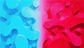 Polar Split biomorphic abstract artwork with cyan and crimson cellular forms