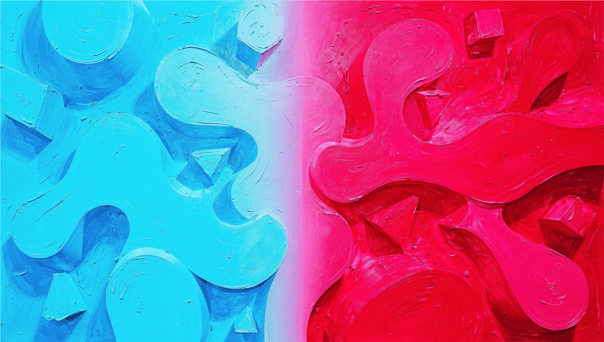 Polar Split biomorphic abstract artwork with cyan and crimson cellular forms