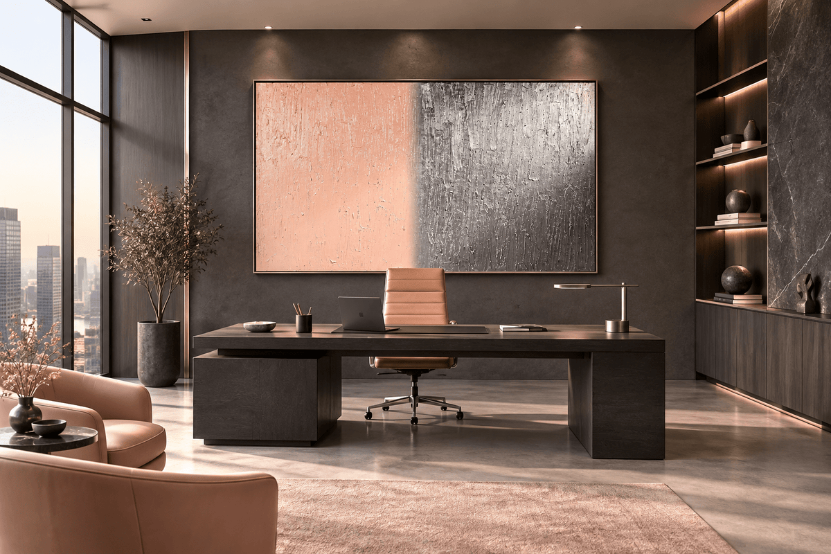 Blush & Graphite terracotta and graphite textural abstract artwork in an executive office