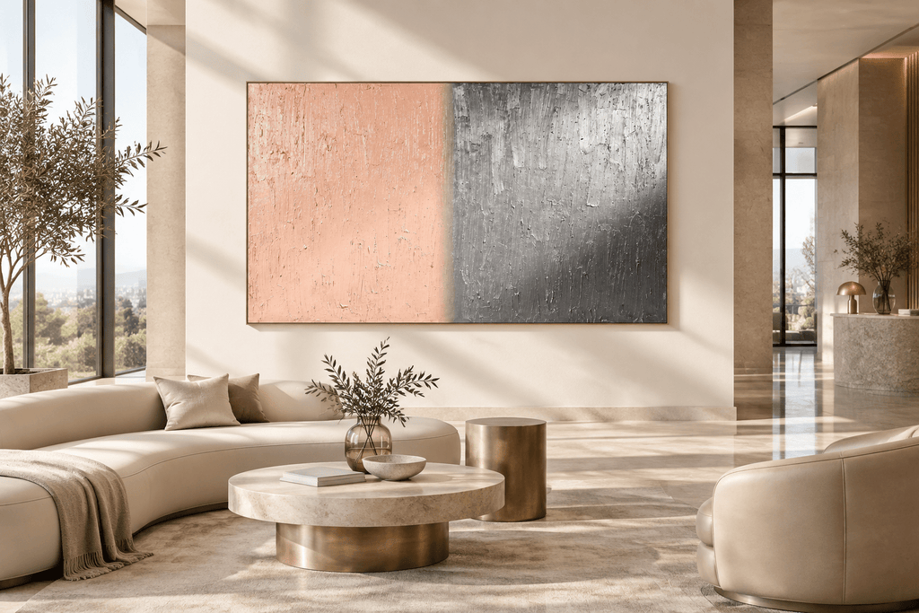 Blush & Graphite terracotta and graphite textural abstract artwork in a modern hotel lobby
