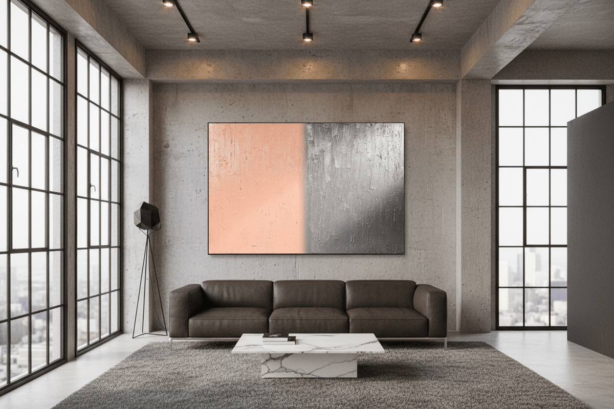 Blush & Graphite textural abstract artwork in a modern industrial loft