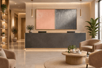 Blush & Graphite terracotta and graphite textural abstract artwork in a clinic with reception and waiting area