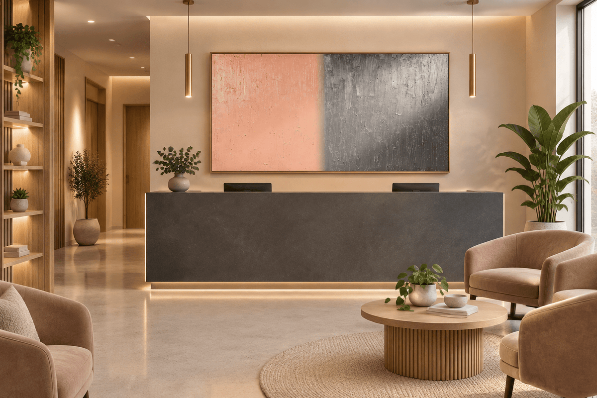 Blush & Graphite terracotta and graphite textural abstract artwork in a clinic with reception and waiting area