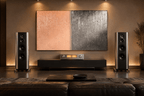 Blush & Graphite terracotta and graphite textural abstract artwork in a high-end hifi living room
