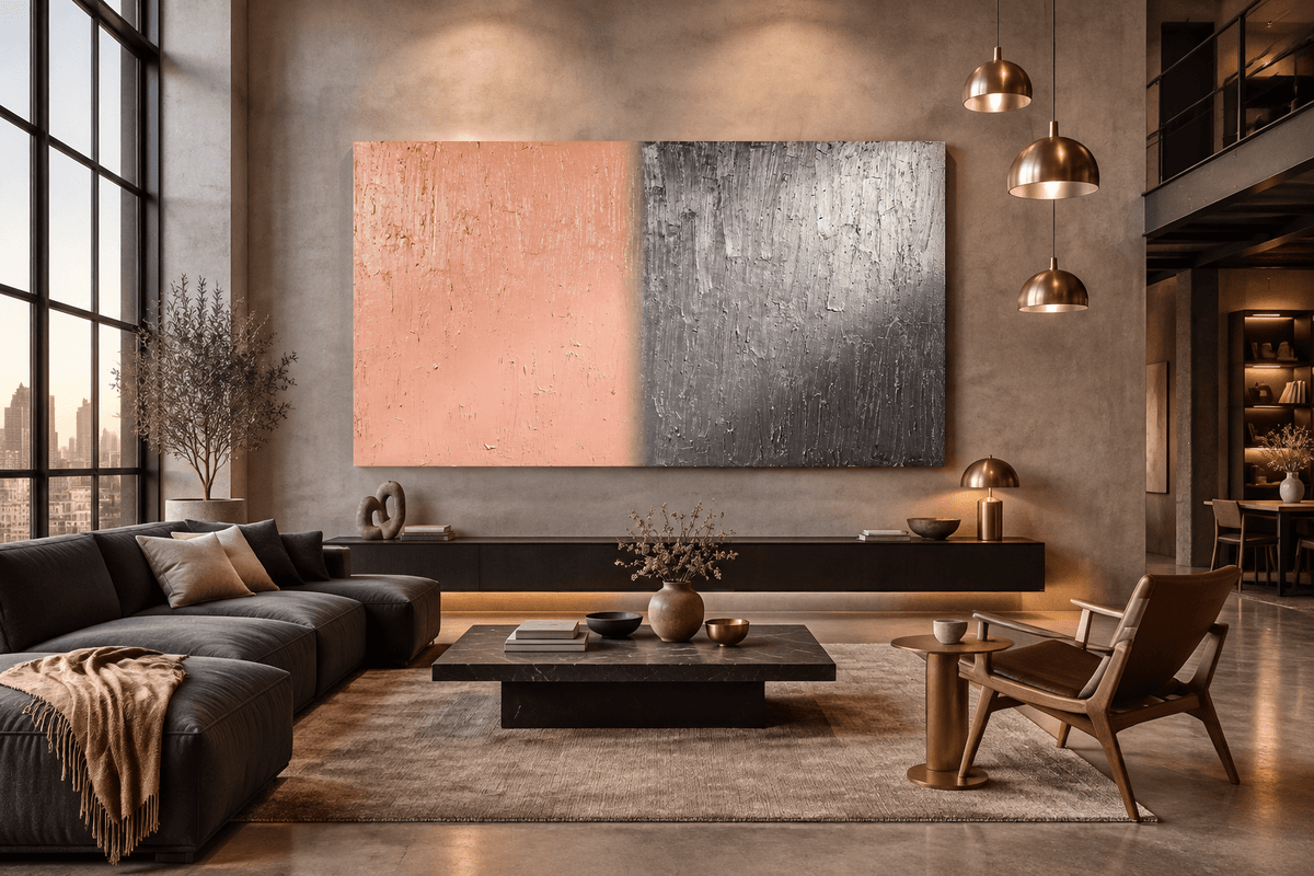 Blush & Graphite terracotta and graphite textural abstract artwork in a stylish modern loft