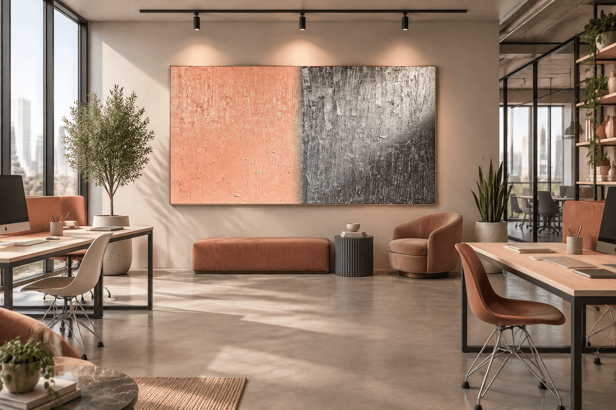 Blush & Graphite terracotta and graphite textural abstract artwork in an open plan office