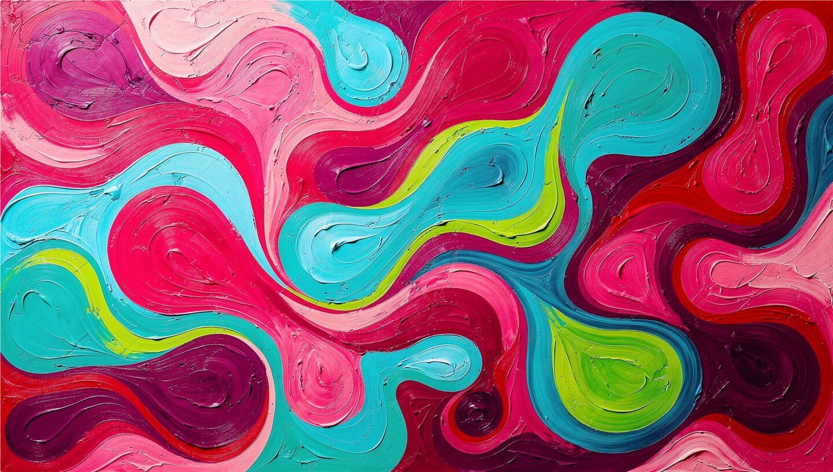 Candy Flow fluid abstract artwork with pink, cyan, magenta and acid-green looping ribbons