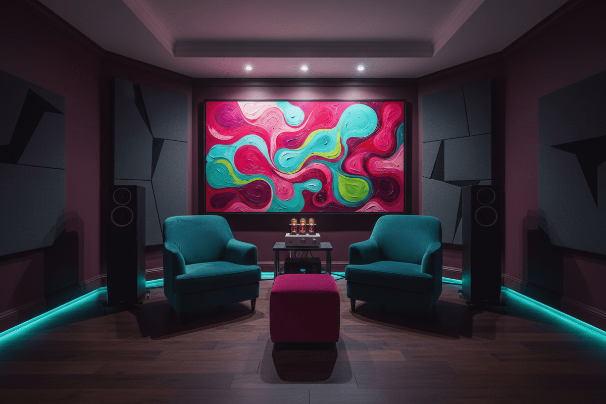 Candy Flow pink and cyan fluid abstract artwork in a high-end HiFi living room