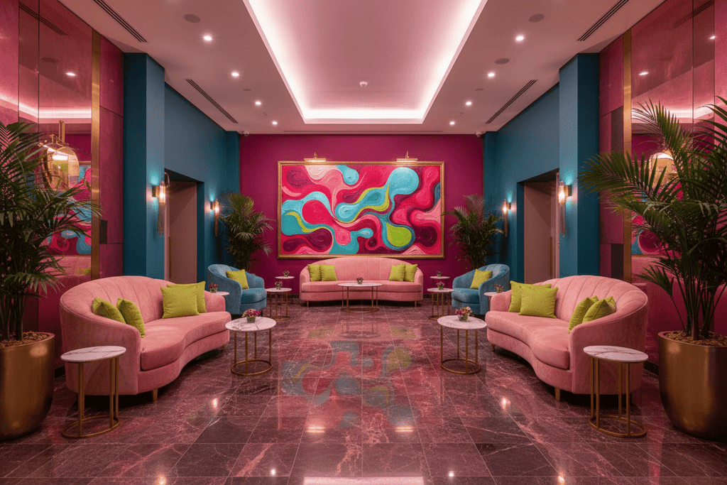Candy Flow pink and cyan fluid abstract artwork in a luxury hotel lobby