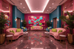 Candy Flow pink and cyan fluid abstract artwork in a luxury hotel lobby