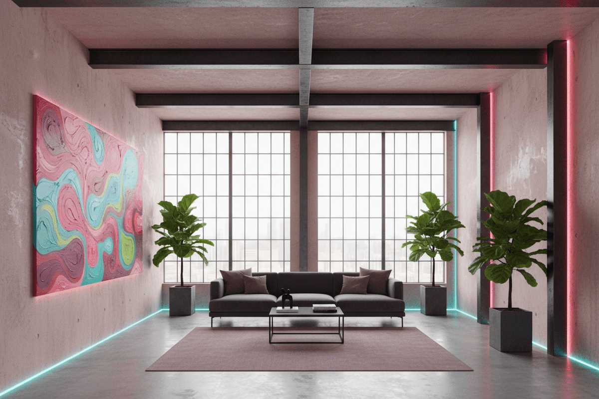 Candy Flow pink and cyan fluid abstract artwork in a modern industrial loft