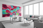 Candy Flow pink and cyan fluid abstract artwork in a modern executive office