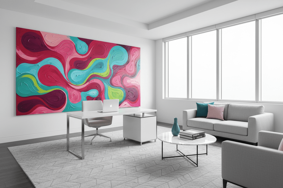 Candy Flow pink and cyan fluid abstract artwork in a modern executive office